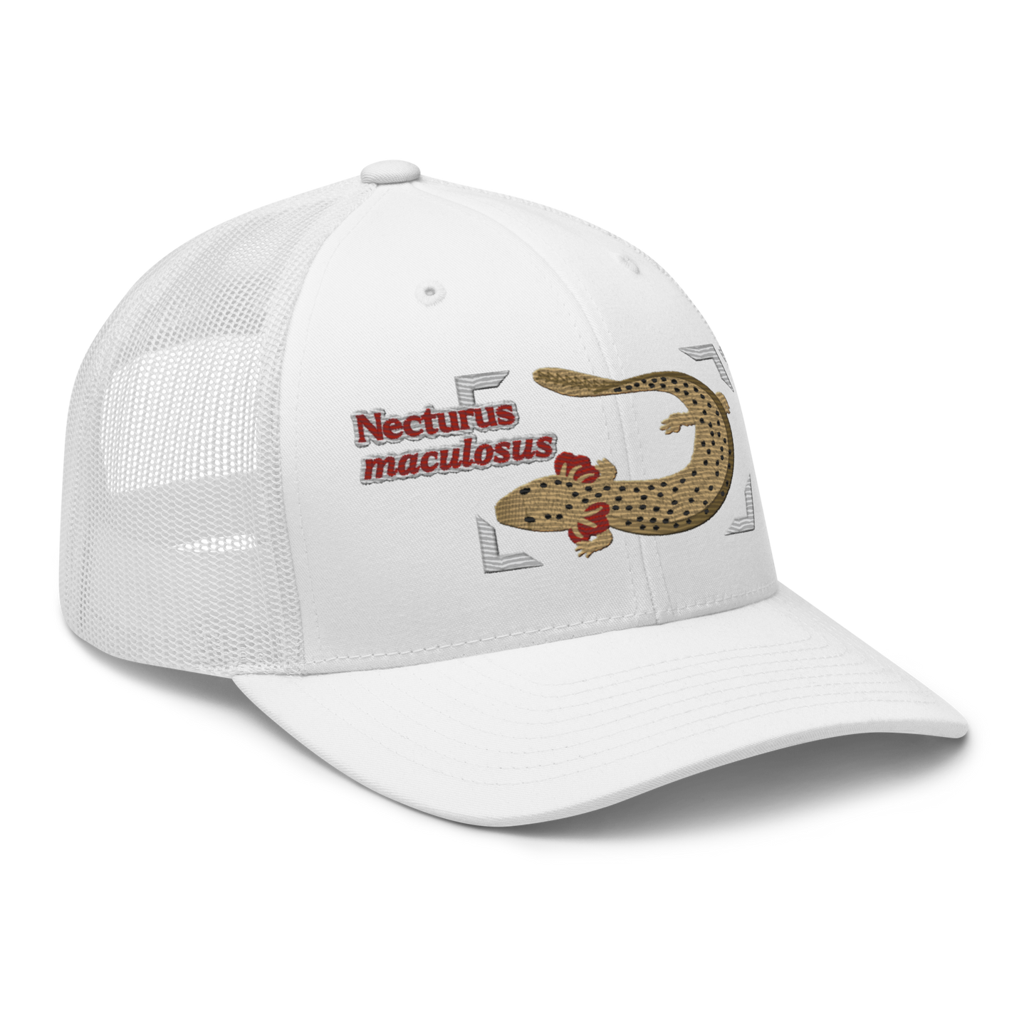 Common Mudpuppy "Necturus maculosus" Embroidered White Trucker Hat Right Front Mockup