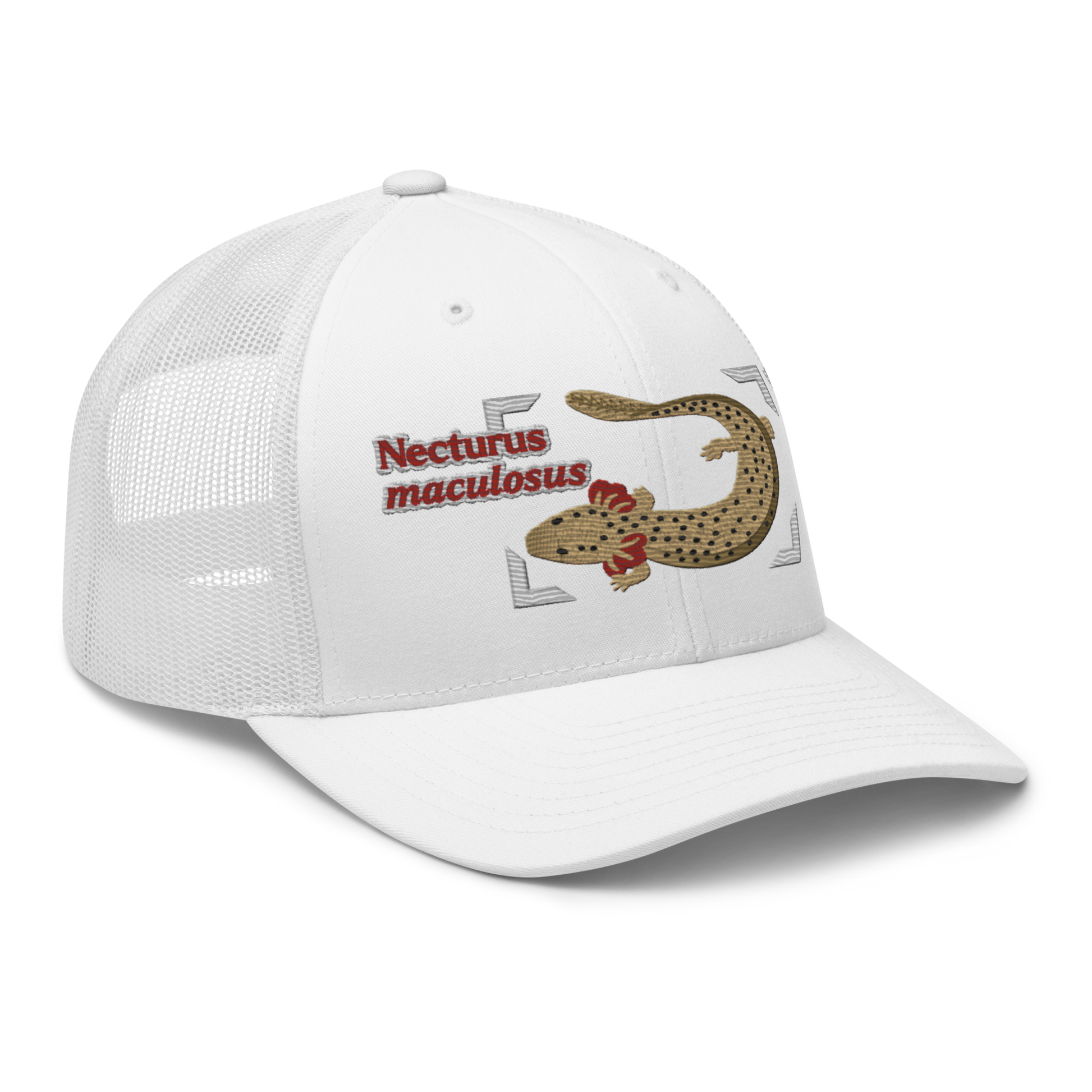 Common Mudpuppy "Necturus maculosus" Embroidered White Trucker Hat Right Front Mockup