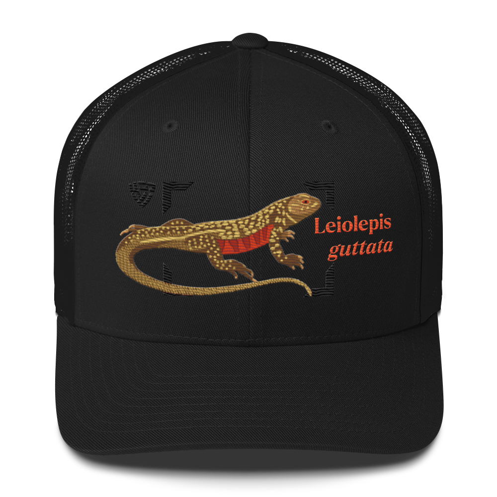 Giant Butterfly Lizard "Leiolepis guttata" Embroidered Black Trucker Hat Front Mockup