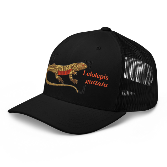 Giant Butterfly Lizard "Leiolepis guttata" Embroidered Black Trucker Hat Left Front Mockup