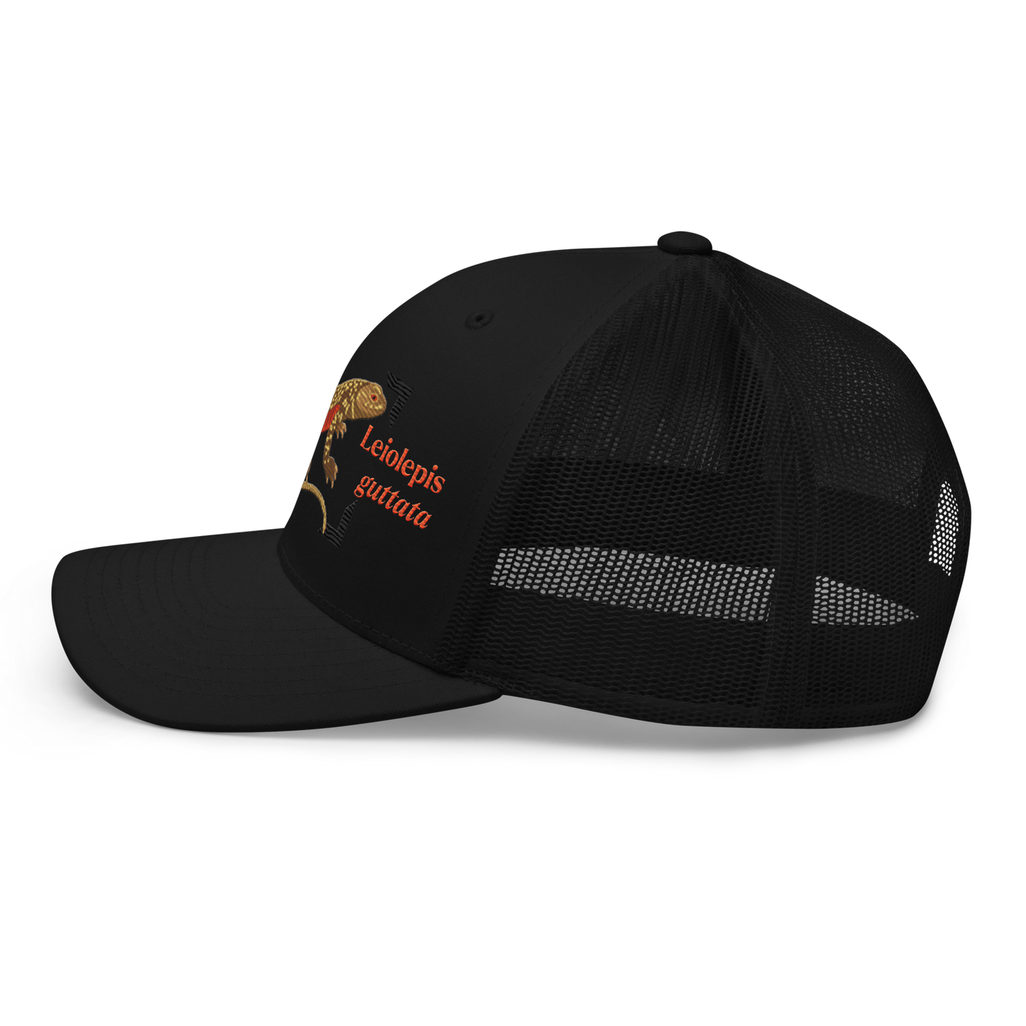 Giant Butterfly Lizard "Leiolepis guttata" Embroidered Black Trucker Hat Left Mockup