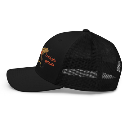 Giant Butterfly Lizard "Leiolepis guttata" Embroidered Black Trucker Hat Left Mockup