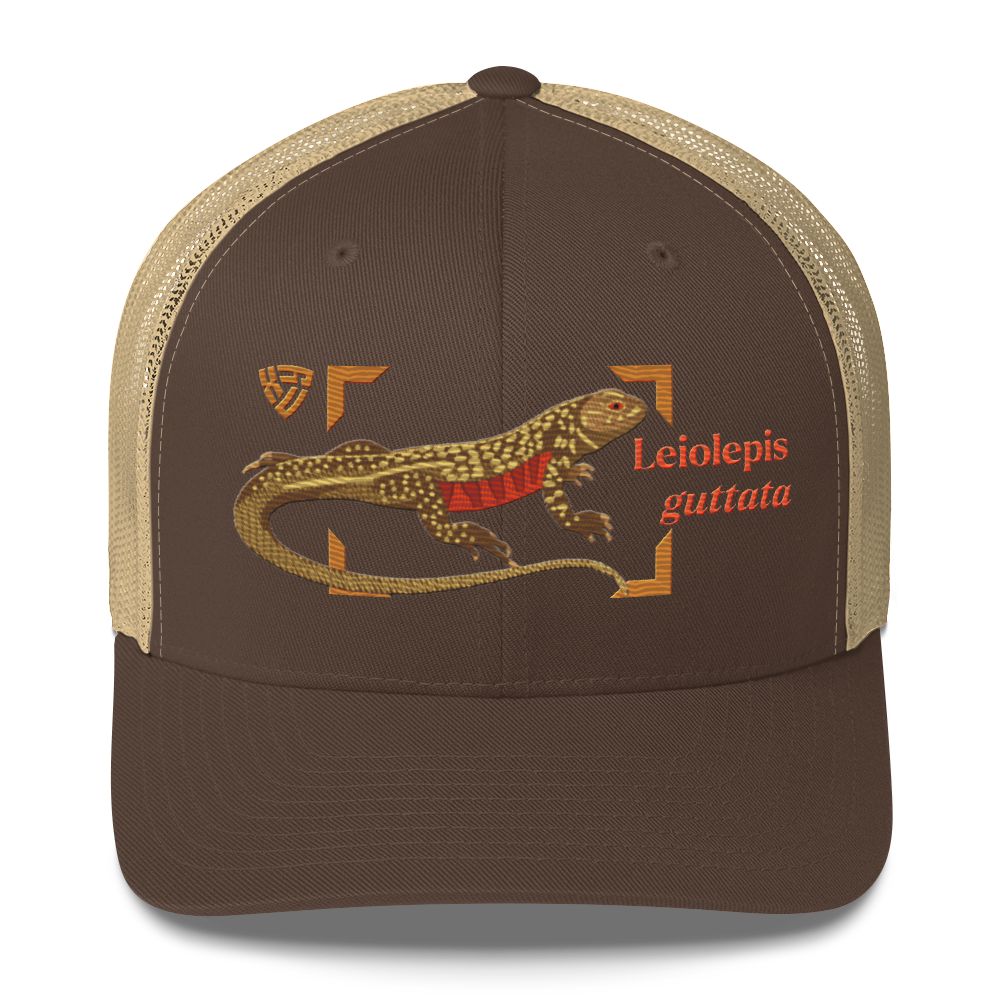 Giant Butterfly Lizard "Leiolepis guttata" Embroidered Brown & Khaki Trucker Hat Front Mockup