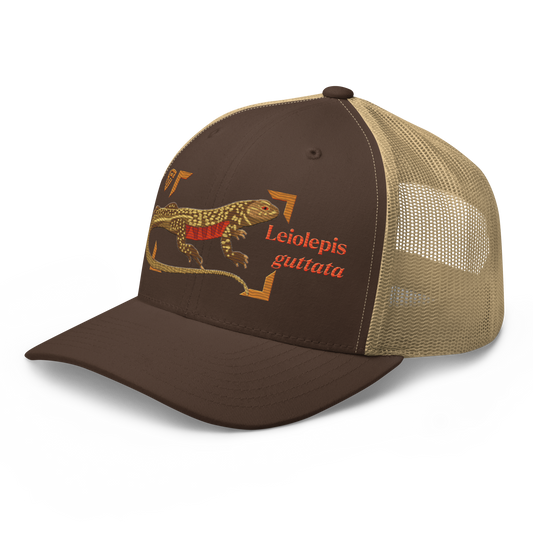 Giant Butterfly Lizard "Leiolepis guttata" Embroidered Brown & Khaki Trucker Hat Left Front Mockup