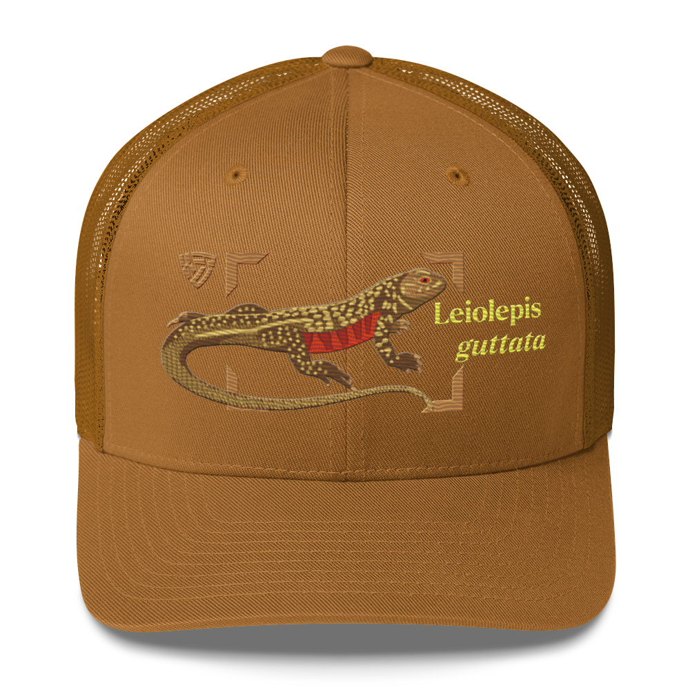 Giant Butterfly Lizard "Leiolepis guttata" Embroidered Caramel Trucker Hat Front Mockup