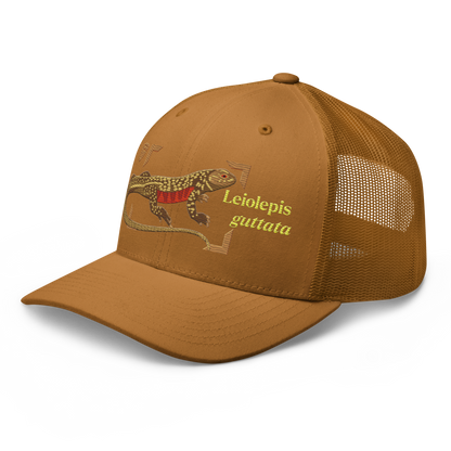 Giant Butterfly Lizard "Leiolepis guttata" Embroidered Caramel Trucker Hat Left Front Mockup