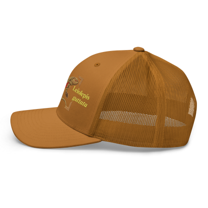 Giant Butterfly Lizard "Leiolepis guttata" Embroidered Caramel Trucker Hat Left Mockup