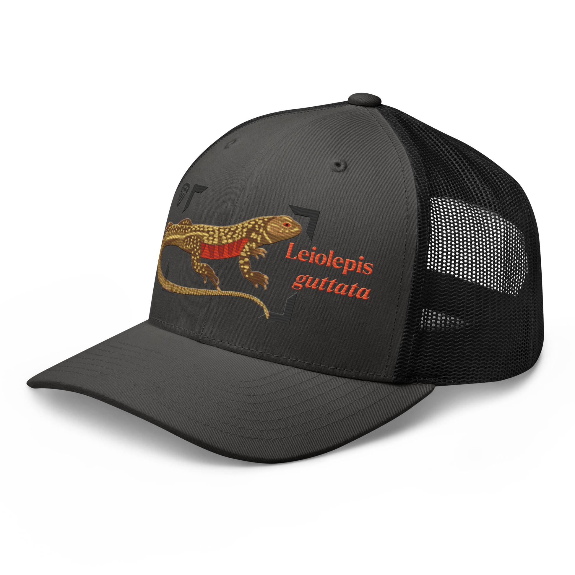 Giant Butterfly Lizard "Leiolepis guttata" Embroidered Charcoal Grey & Black Trucker Hat Left Front