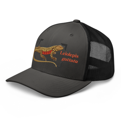 Giant Butterfly Lizard "Leiolepis guttata" Embroidered Charcoal Grey & Black Trucker Hat Left Front