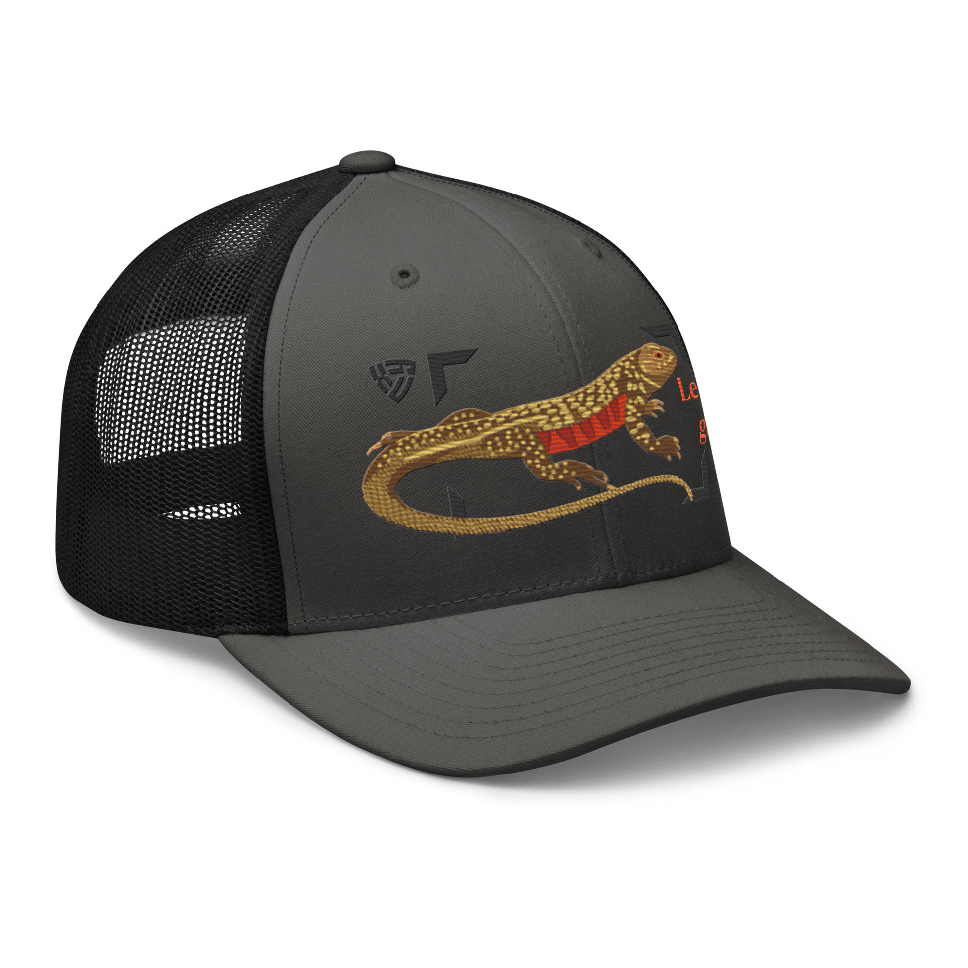 Giant Butterfly Lizard "Leiolepis guttata" Embroidered Charcoal Grey & Black Trucker Hat Right Front