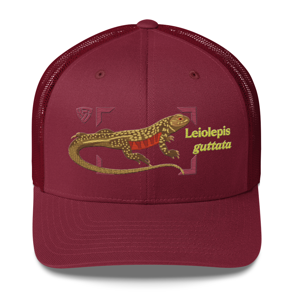 Giant Butterfly Lizard "Leiolepis guttata" Embroidered Cranberry Red Trucker Hat Front Mockup