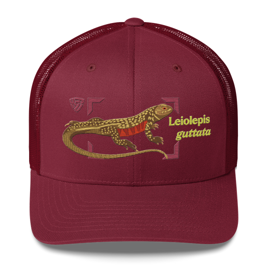 Giant Butterfly Lizard "Leiolepis guttata" Embroidered Cranberry Red Trucker Hat Front Mockup