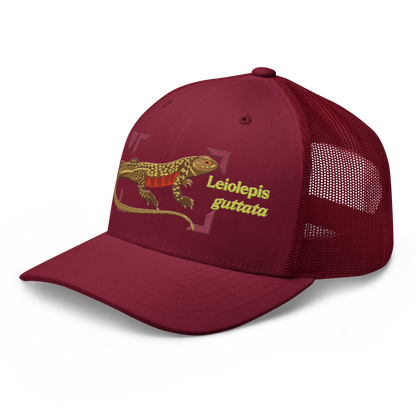 Giant Butterfly Lizard "Leiolepis guttata" Embroidered Cranberry Red Trucker Hat Left Front Mockup