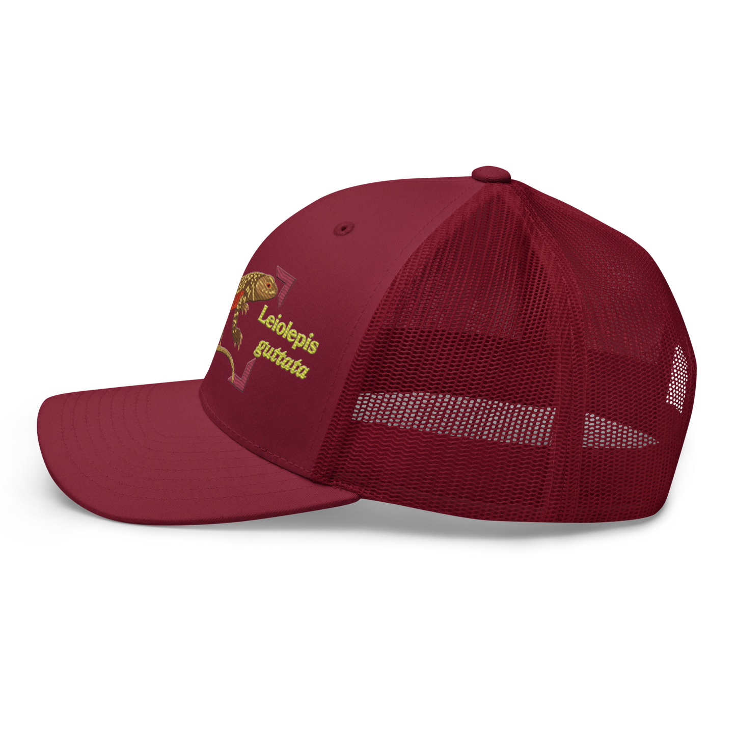 Giant Butterfly Lizard "Leiolepis guttata" Embroidered Cranberry Red Trucker Hat Left Mockup