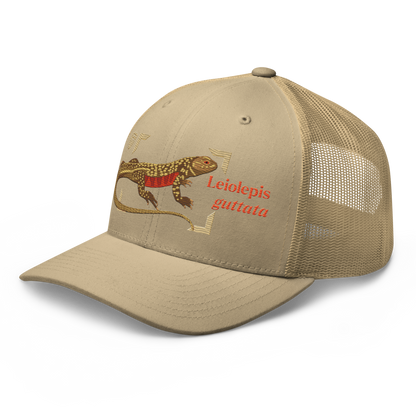 Giant Butterfly Lizard "Leiolepis guttata" Embroidered Khaki Trucker Hat Left Front Mockup