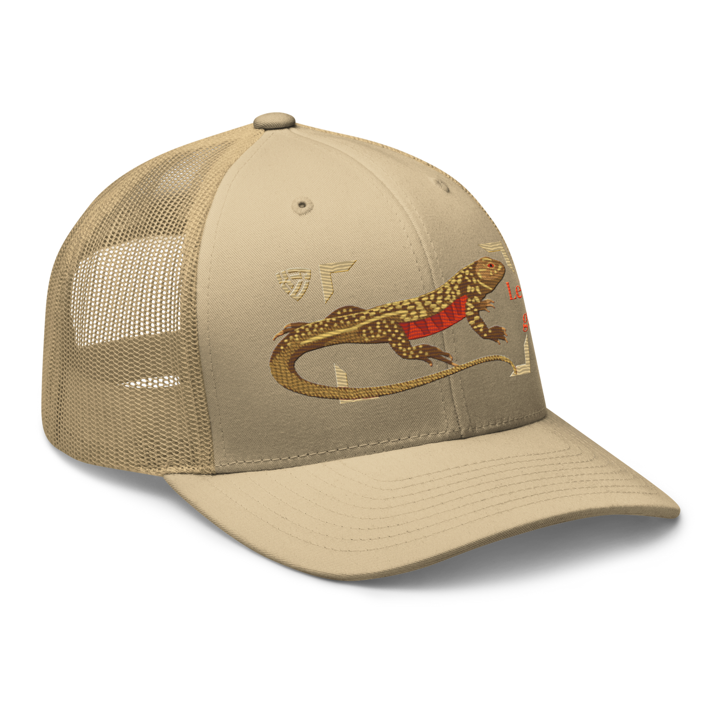 Giant Butterfly Lizard "Leiolepis guttata" Embroidered Khaki Trucker Hat Right Front Mockup