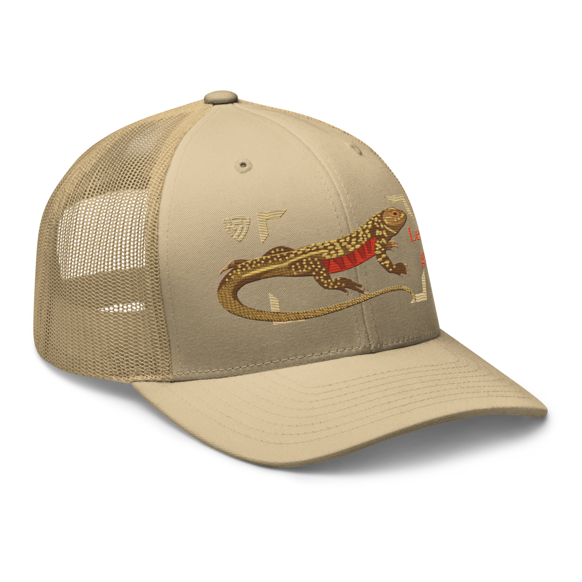 Giant Butterfly Lizard "Leiolepis guttata" Embroidered Khaki Trucker Hat Right Front Mockup