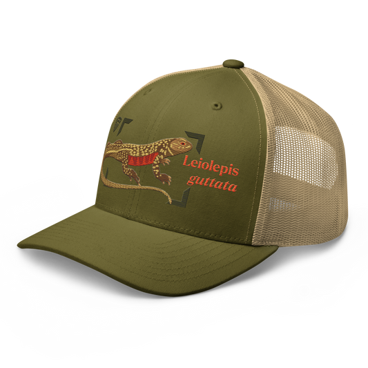 Giant Butterfly Lizard "Leiolepis guttata" Embroidered Moss Green & Khaki Trucker Hat Left Front Mockup
