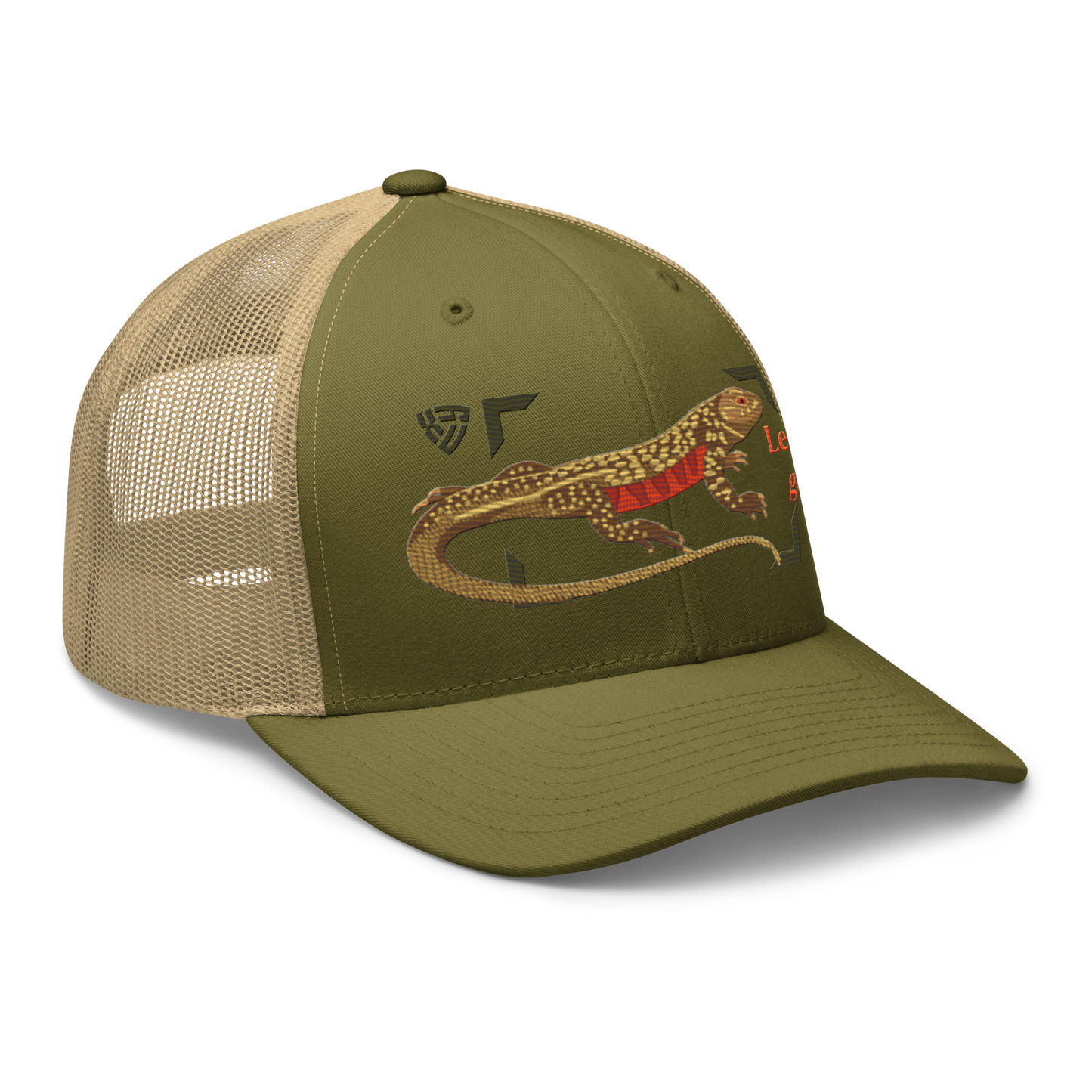 Giant Butterfly Lizard "Leiolepis guttata" Embroidered Moss Green & Khaki Trucker Hat Right Front Mockup