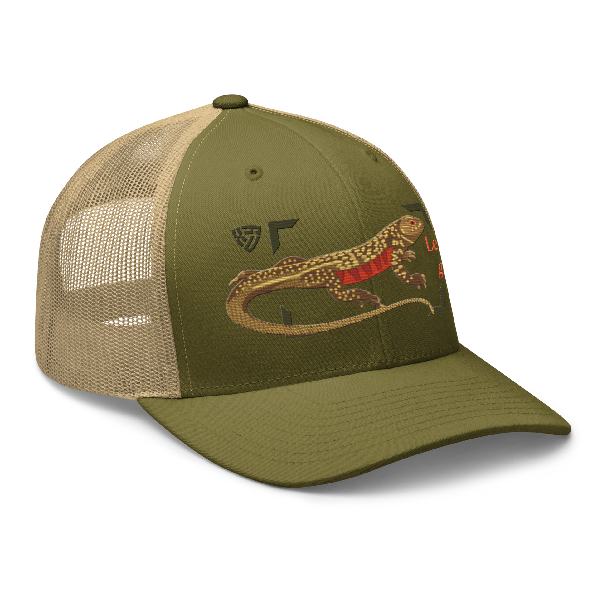 Giant Butterfly Lizard "Leiolepis guttata" Embroidered Moss Green & Khaki Trucker Hat Right Front Mockup