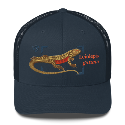 Giant Butterfly Lizard "Leiolepis guttata" Embroidered Navy Blue Trucker Hat Front Mockup