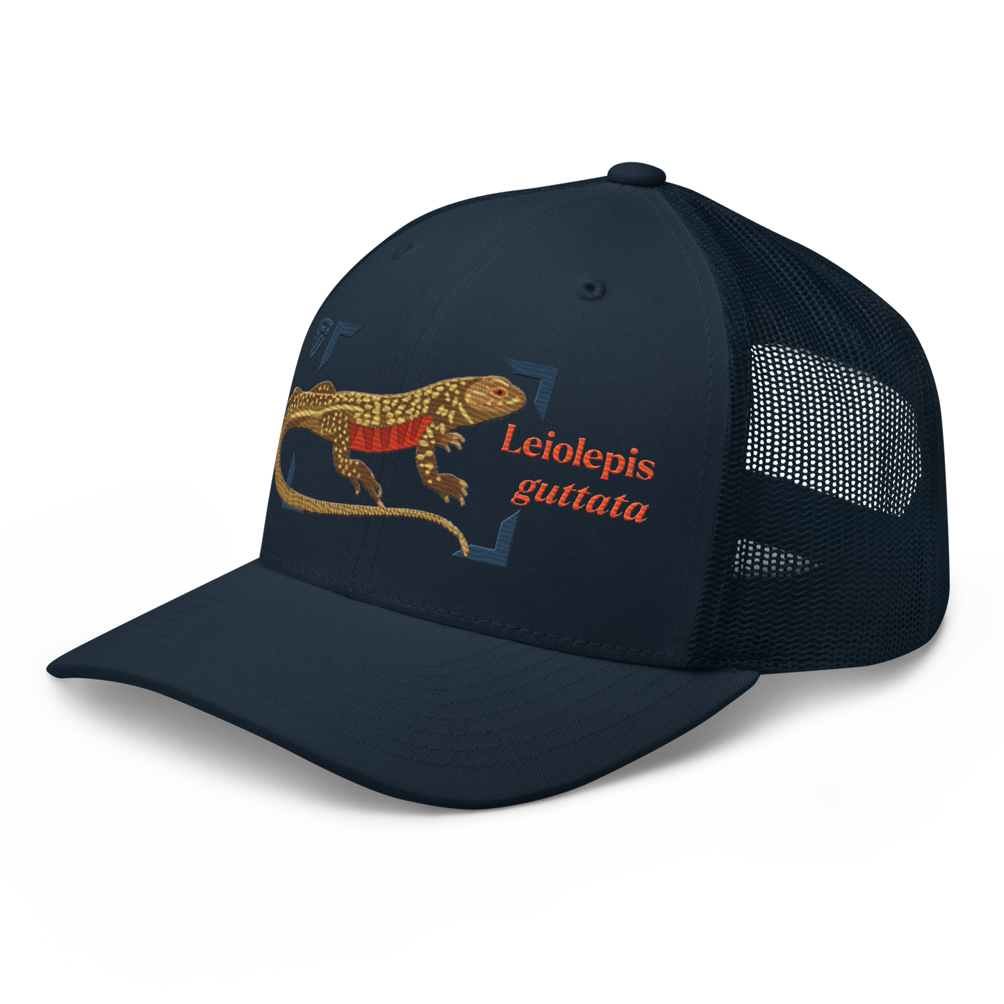Giant Butterfly Lizard "Leiolepis guttata" Embroidered Navy Blue Trucker Hat Left Front Mockup