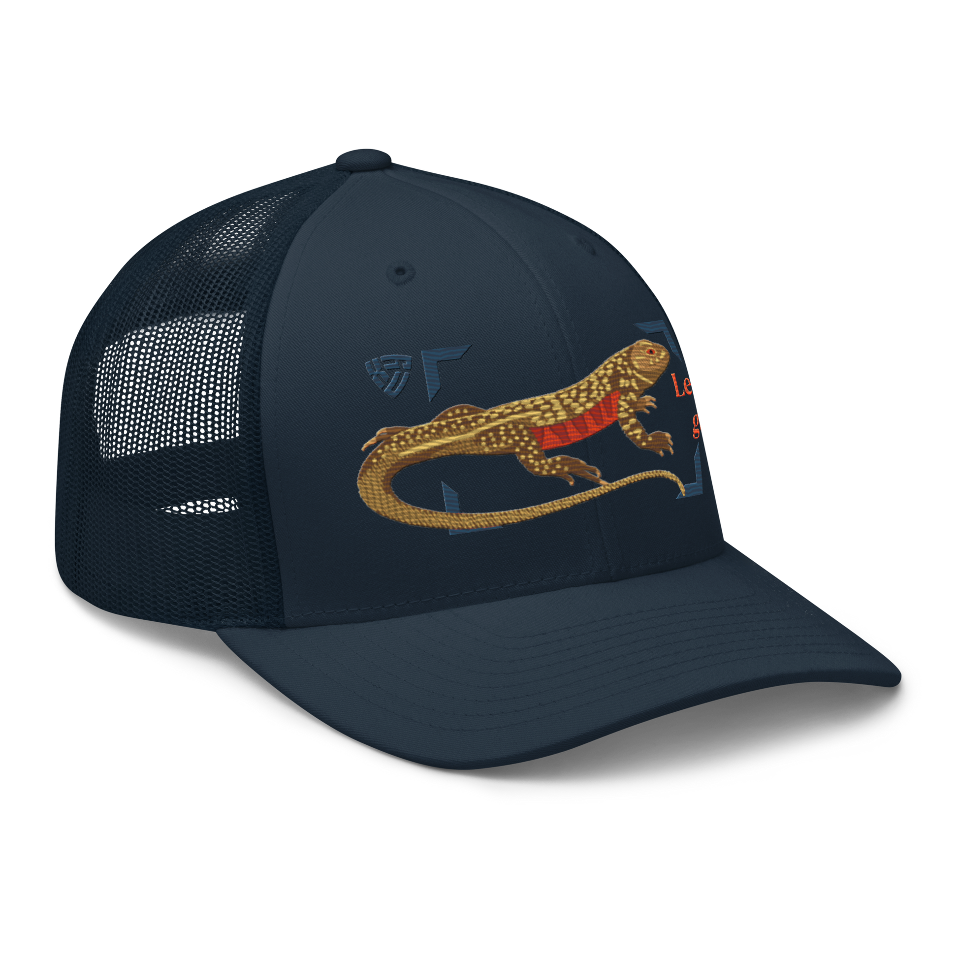 Giant Butterfly Lizard "Leiolepis guttata" Embroidered Navy Blue Trucker Hat Right Front Mockup