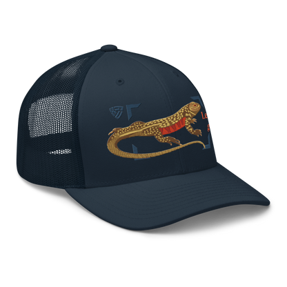 Giant Butterfly Lizard "Leiolepis guttata" Embroidered Navy Blue Trucker Hat Right Front Mockup