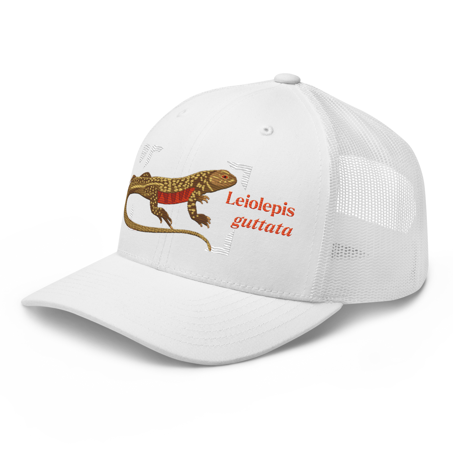 Giant Butterfly Lizard "Leiolepis guttata" Embroidered White Trucker Hat Left Front Mockup