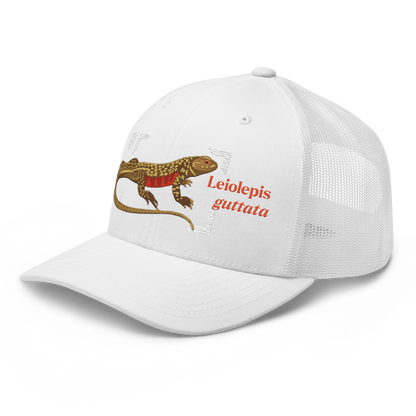 Giant Butterfly Lizard "Leiolepis guttata" Embroidered White Trucker Hat Left Front Mockup