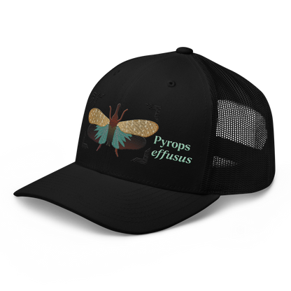 Lanternfly "Pyrops effusa" Embroidered Black Trucker Hat Left Front Mockup