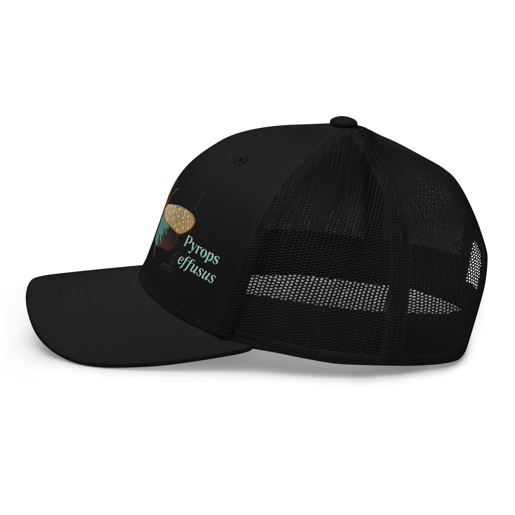 Lanternfly "Pyrops effusa" Embroidered Black Trucker Hat Left Mockup
