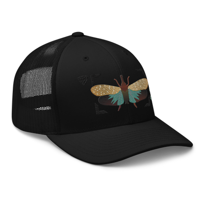 Lanternfly "Pyrops effusa" Embroidered Black Trucker Hat Right Front Mockup