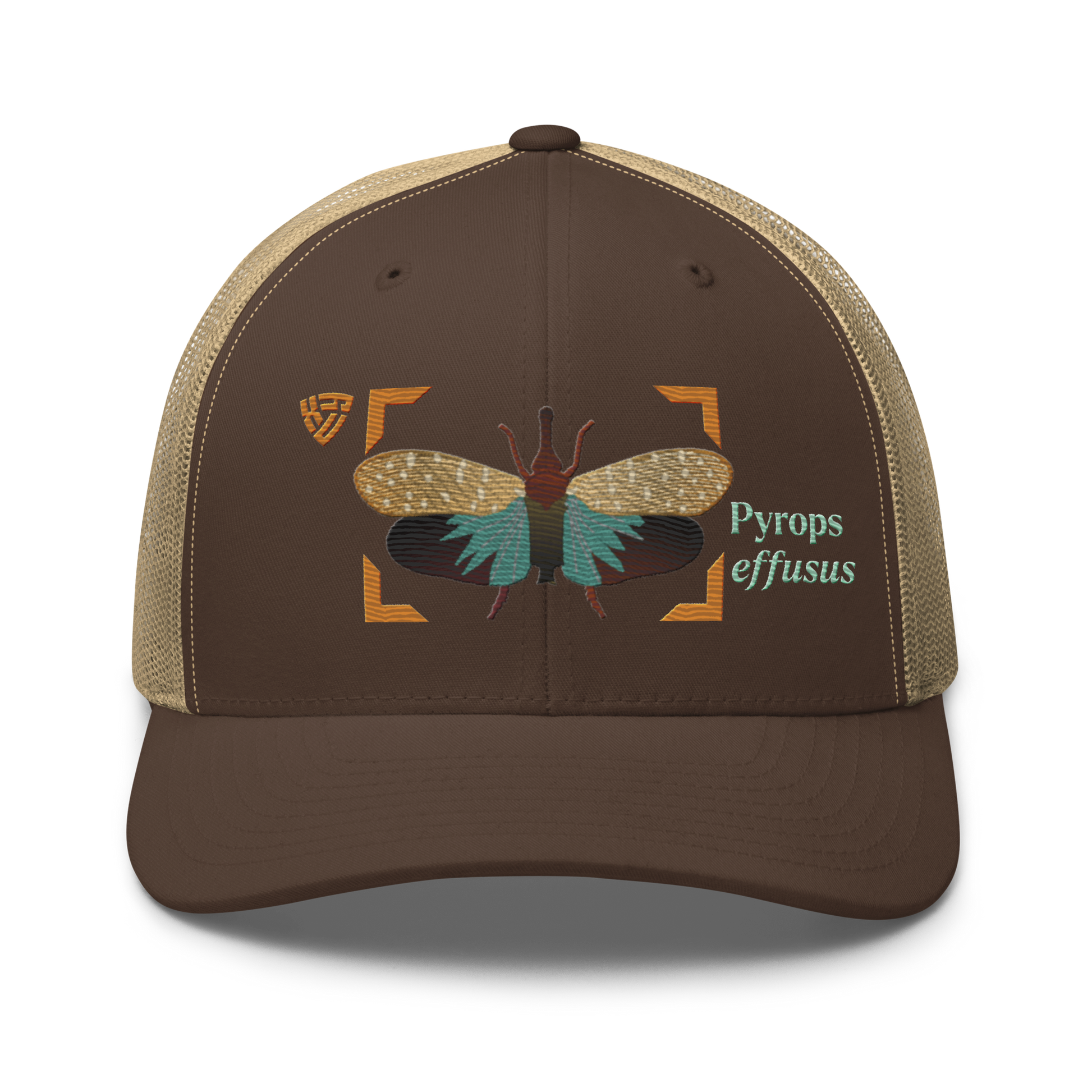 Lanternfly "Pyrops effusa" Embroidered Brown & Khaki Trucker Hat Front Mockup