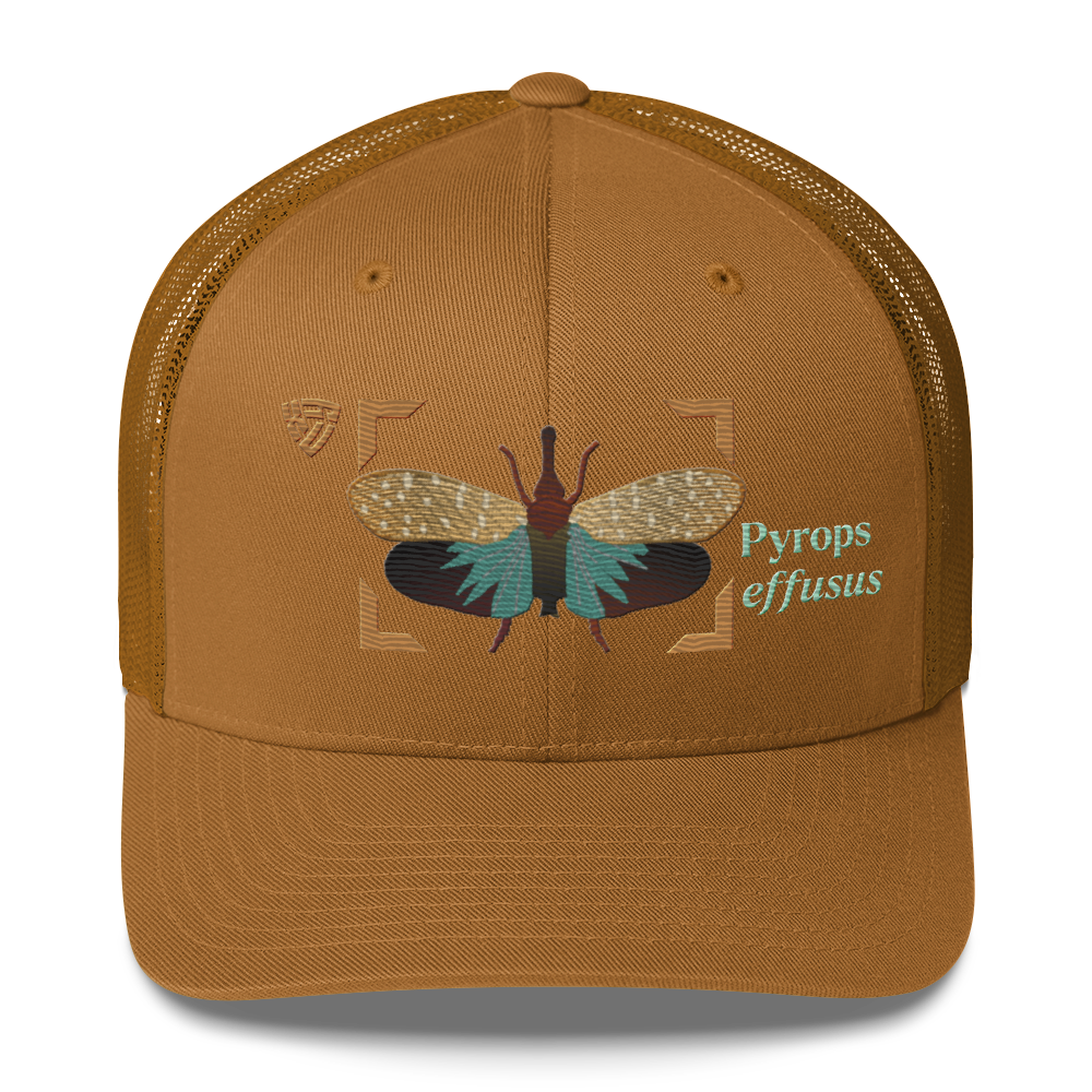 Lanternfly "Pyrops effusa" Embroidered Caramel Trucker Hat Front Mockup