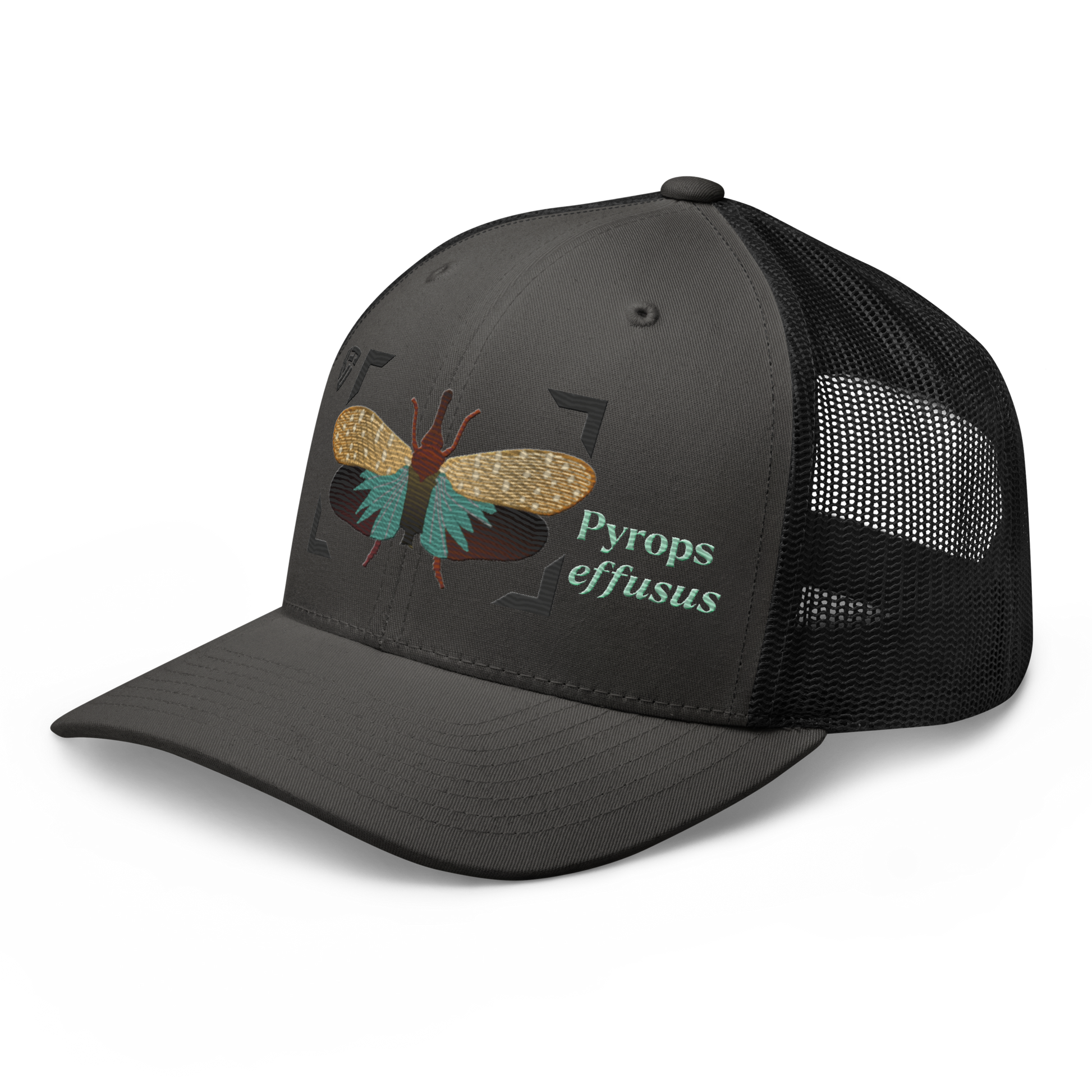 Lanternfly "Pyrops effusa" Embroidered Charcoal Grey & Black Trucker Hat Left Front Mockup