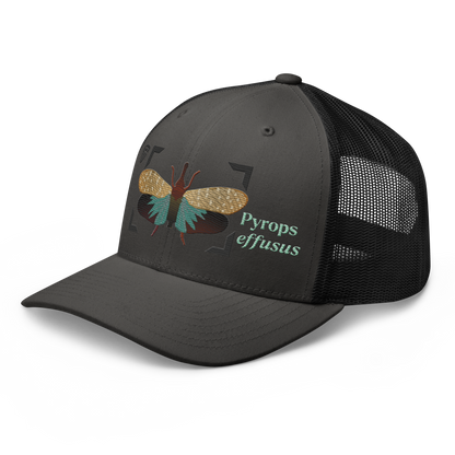 Lanternfly "Pyrops effusa" Embroidered Charcoal Grey & Black Trucker Hat Left Front Mockup