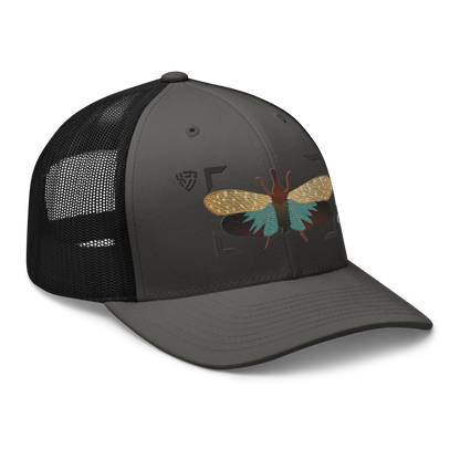 Lanternfly "Pyrops effusa" Embroidered Charcoal Grey & Black Trucker Hat Right Front Mockup
