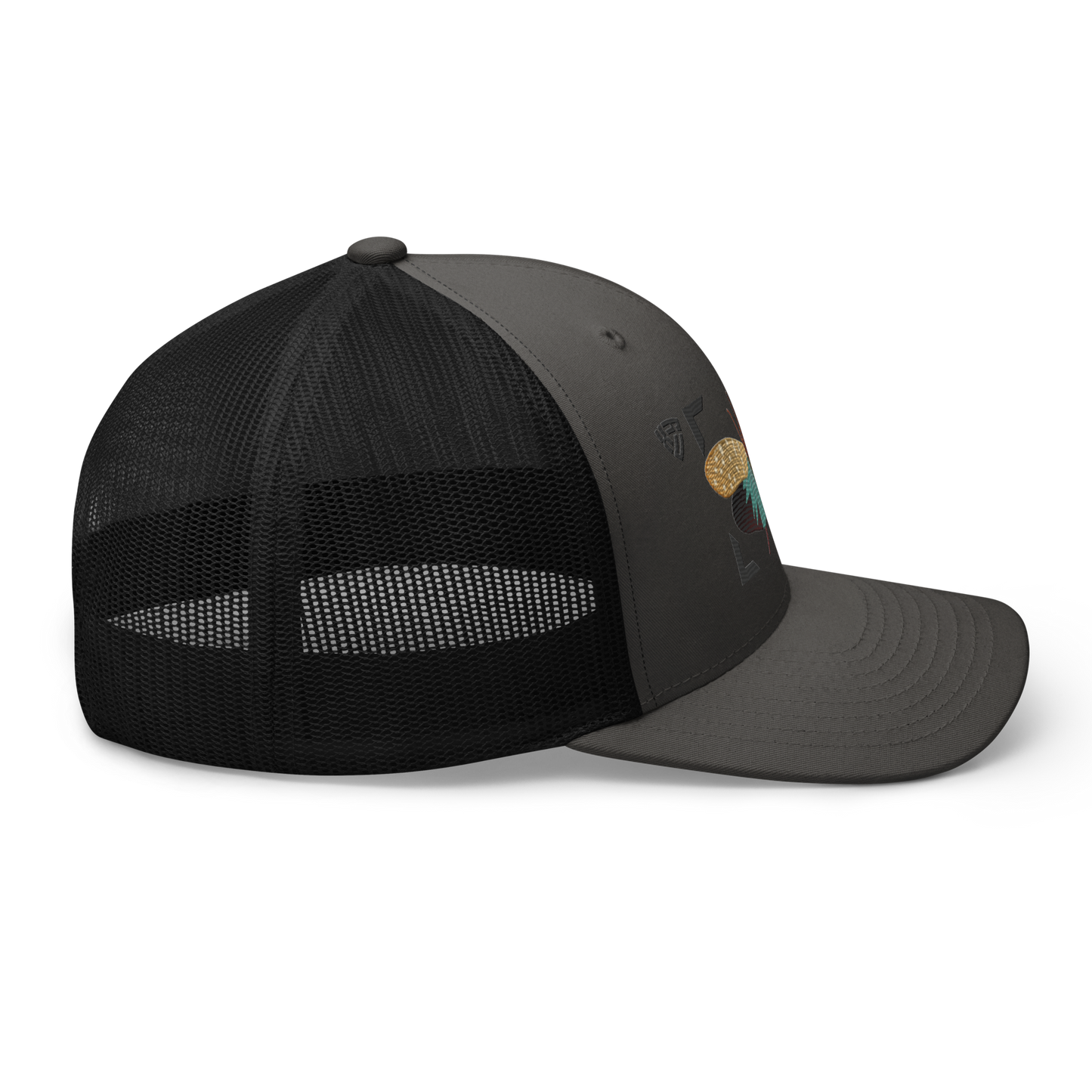Lanternfly "Pyrops effusa" Embroidered Charcoal Grey & Black Trucker Hat Right Mockup