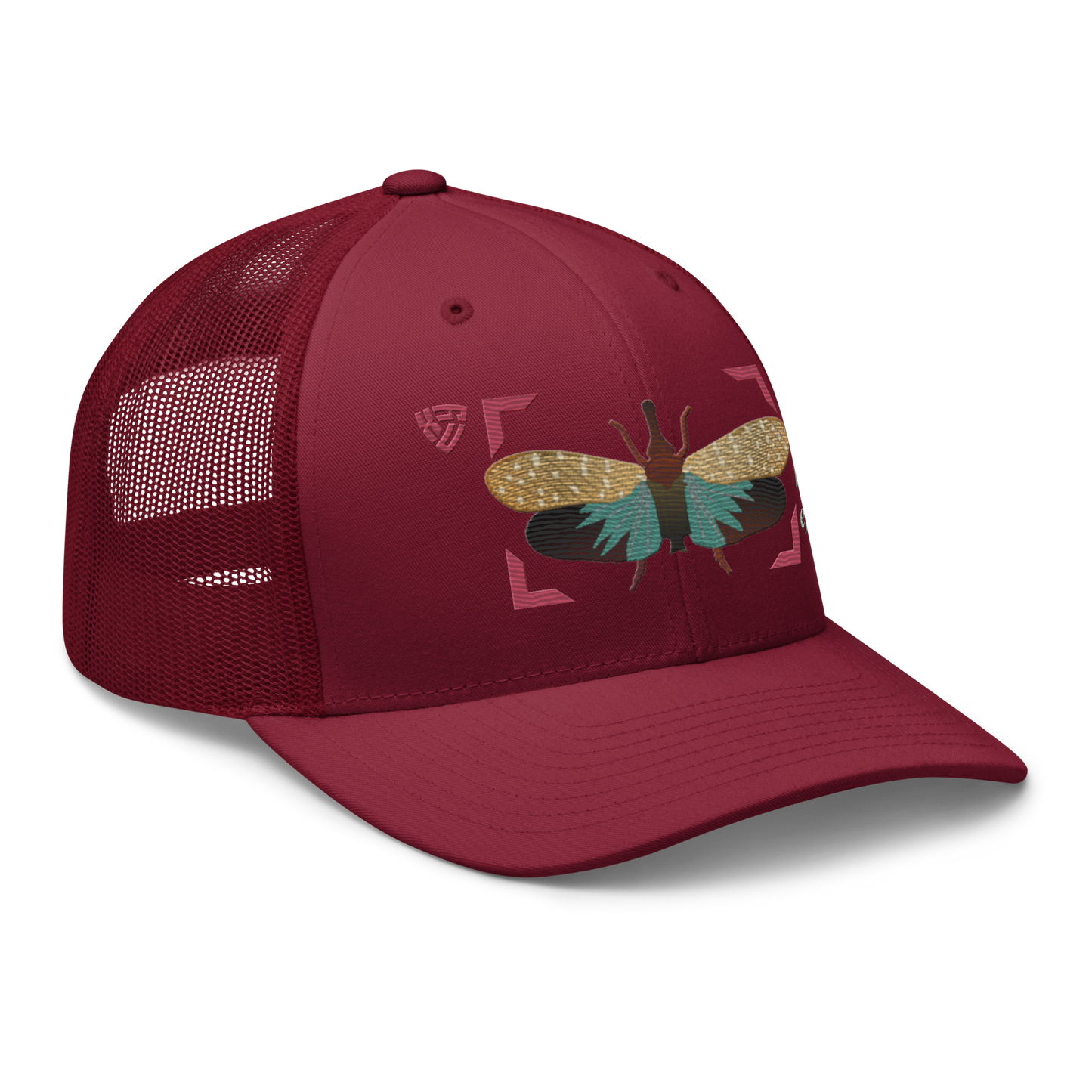 Lanternfly "Pyrops effusa" Embroidered Cranberry Red Trucker Hat Right Front Mockup
