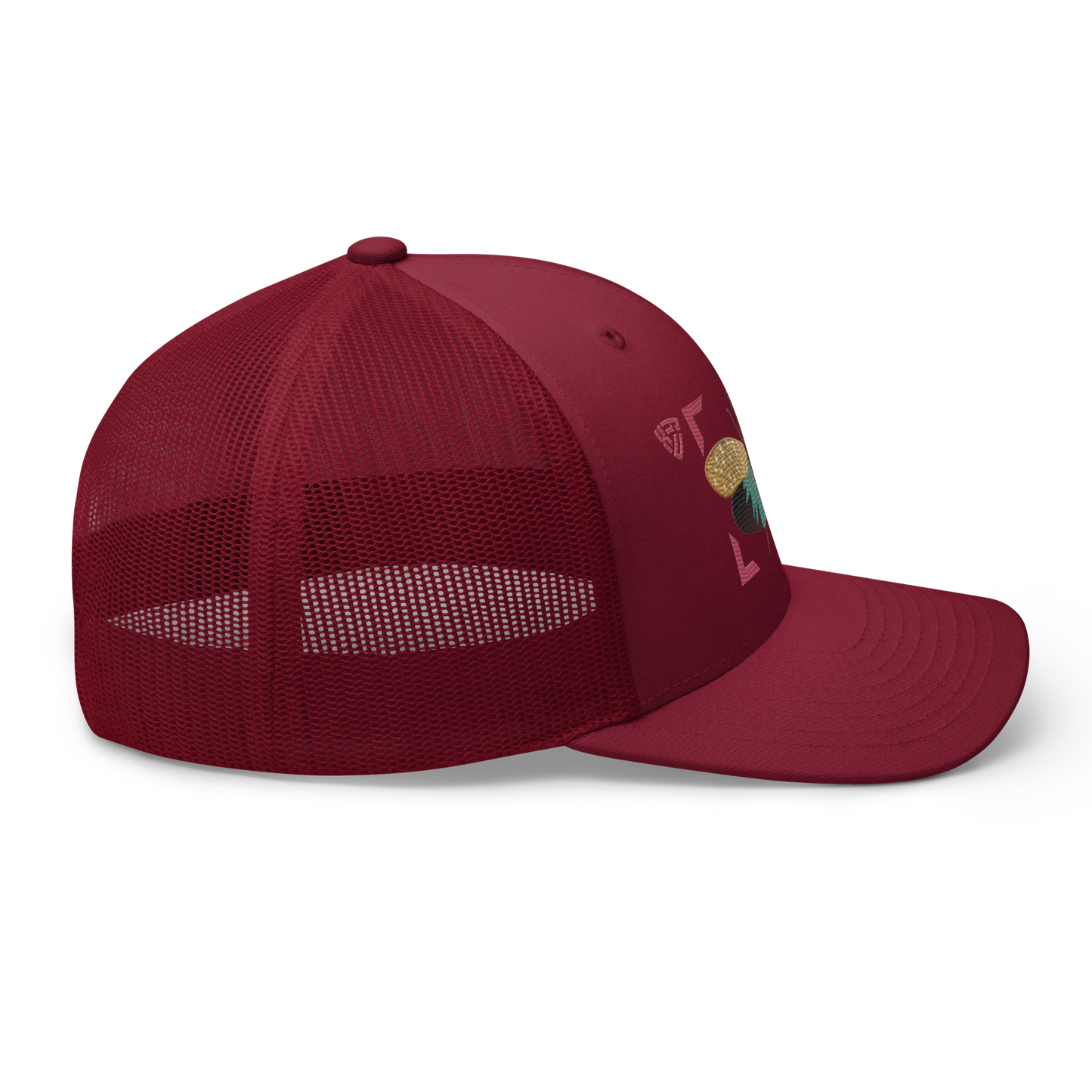 Lanternfly "Pyrops effusa" Embroidered Cranberry Red Trucker Hat Right Mockup