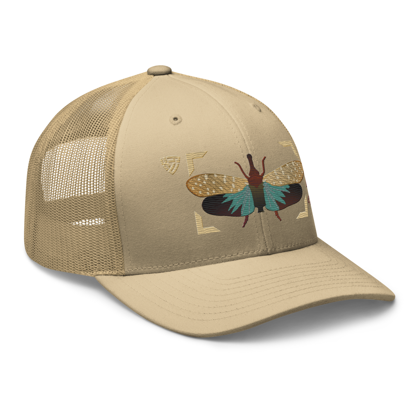 Lanternfly "Pyrops effusa" Embroidered Khaki Trucker Hat Right Front Mockup