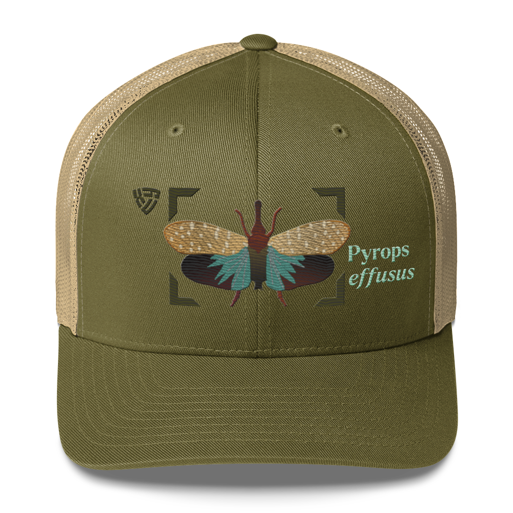 Lanternfly "Pyrops effusa" Embroidered Moss Green & Khaki Trucker Hat Front Mockup