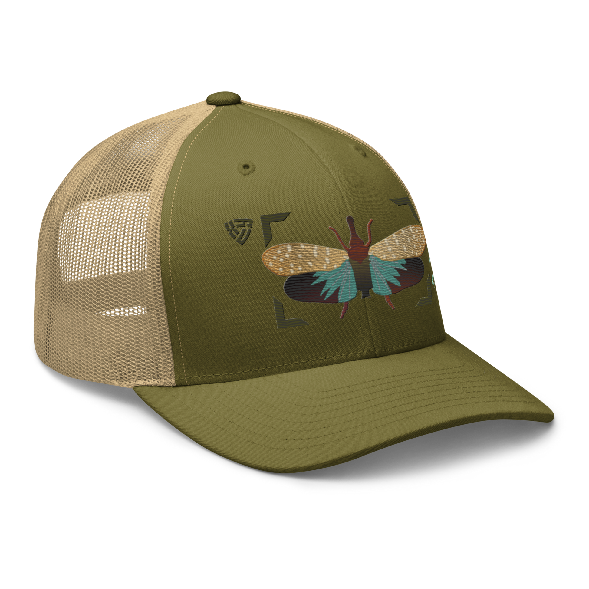 Lanternfly "Pyrops effusa" Embroidered Moss Green & Khaki Trucker Hat Right Front Mockup