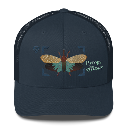 Lanternfly "Pyrops effusa" Embroidered Navy Blue Trucker Hat Front Mockup