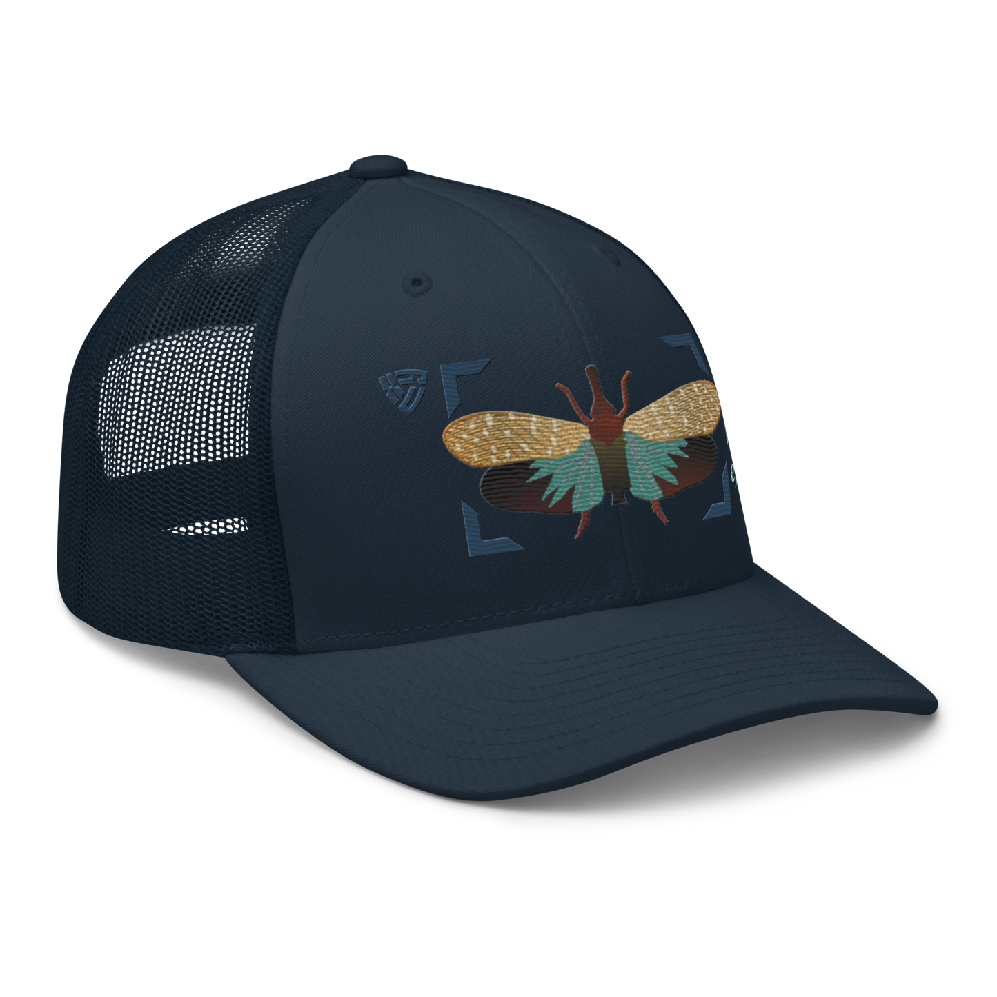 Lanternfly "Pyrops effusa" Embroidered Navy Blue Trucker Hat Right Front Mockup