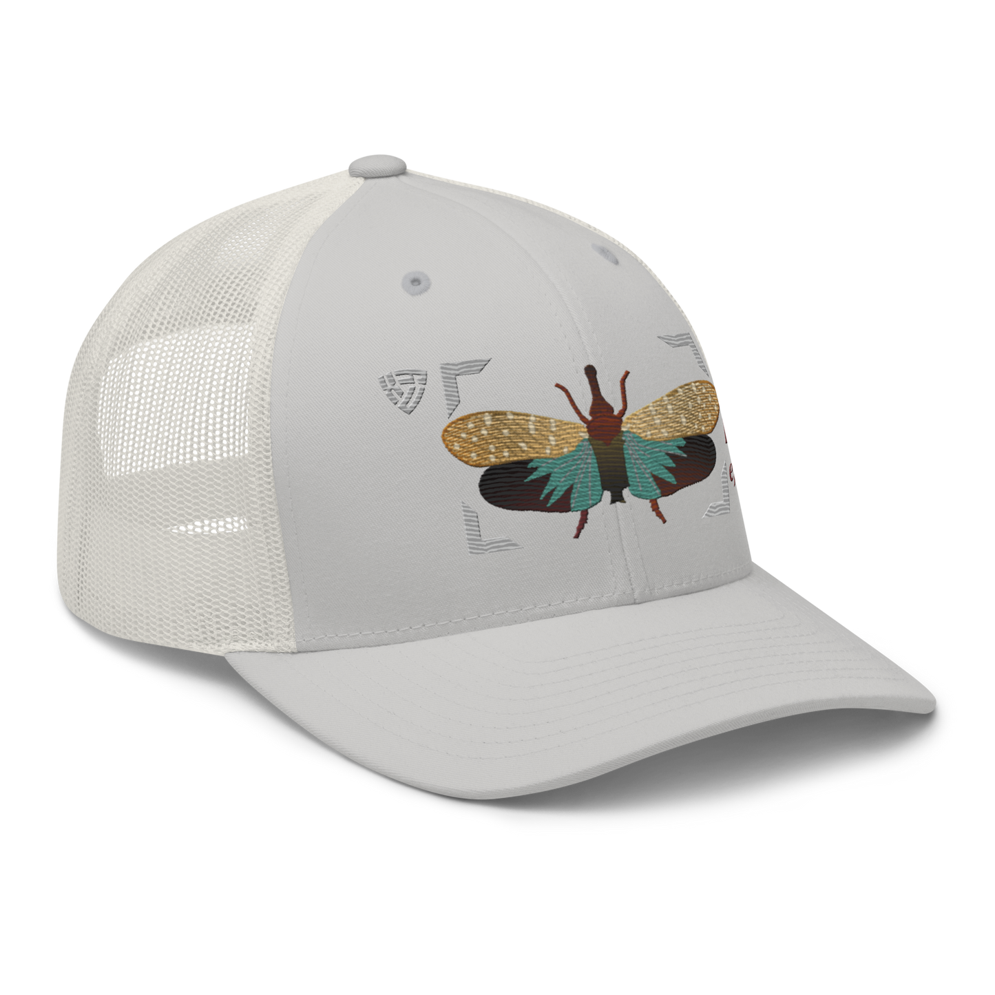 Lanternfly "Pyrops effusa" Embroidered Silver Trucker Hat Right Front Mockup