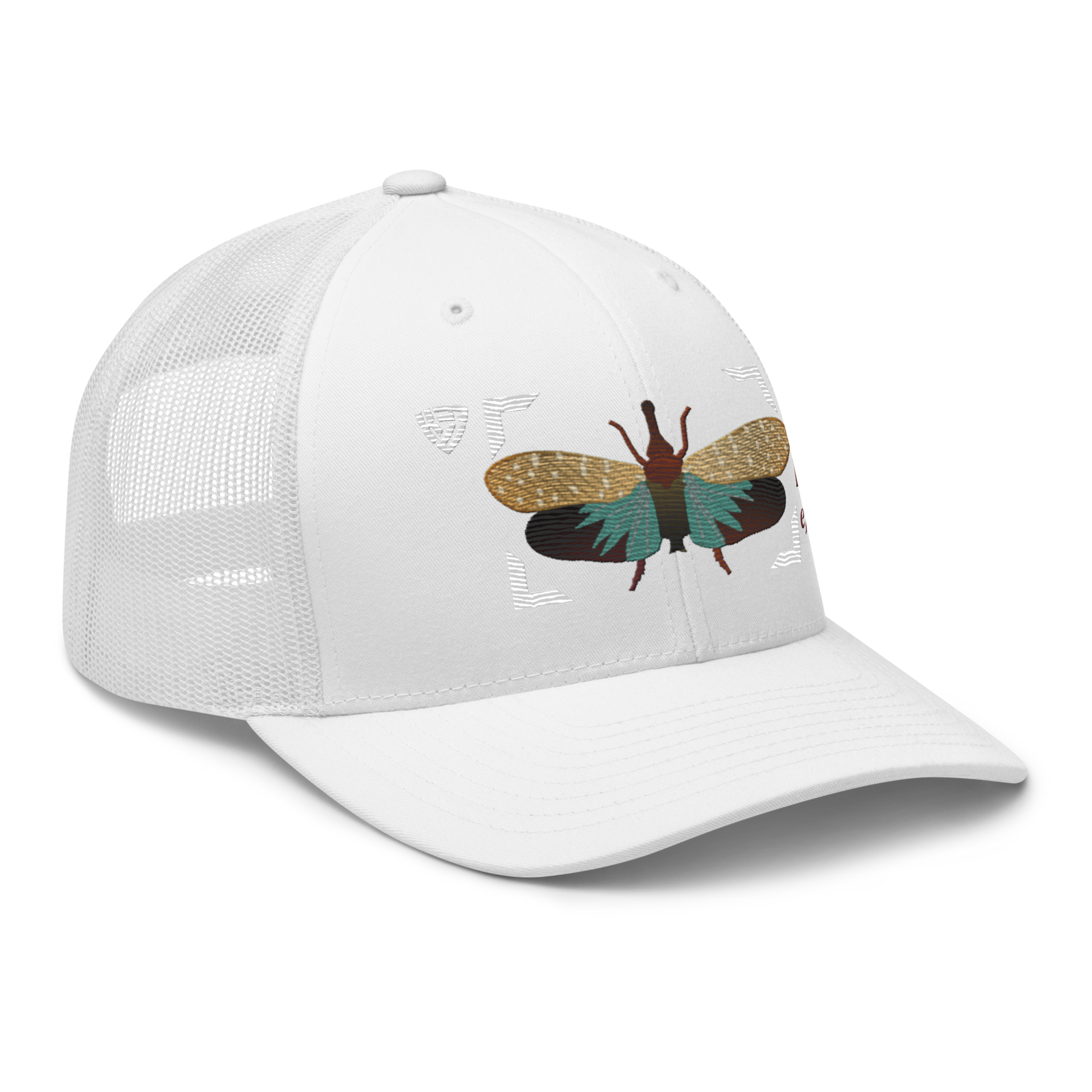 Lanternfly "Pyrops effusa" Embroidered White Trucker Hat Right Front Mockup