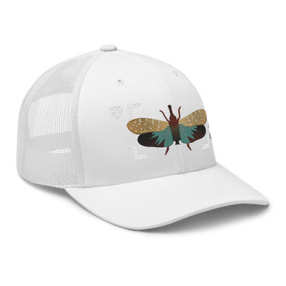 Lanternfly "Pyrops effusa" Embroidered White Trucker Hat Right Front Mockup