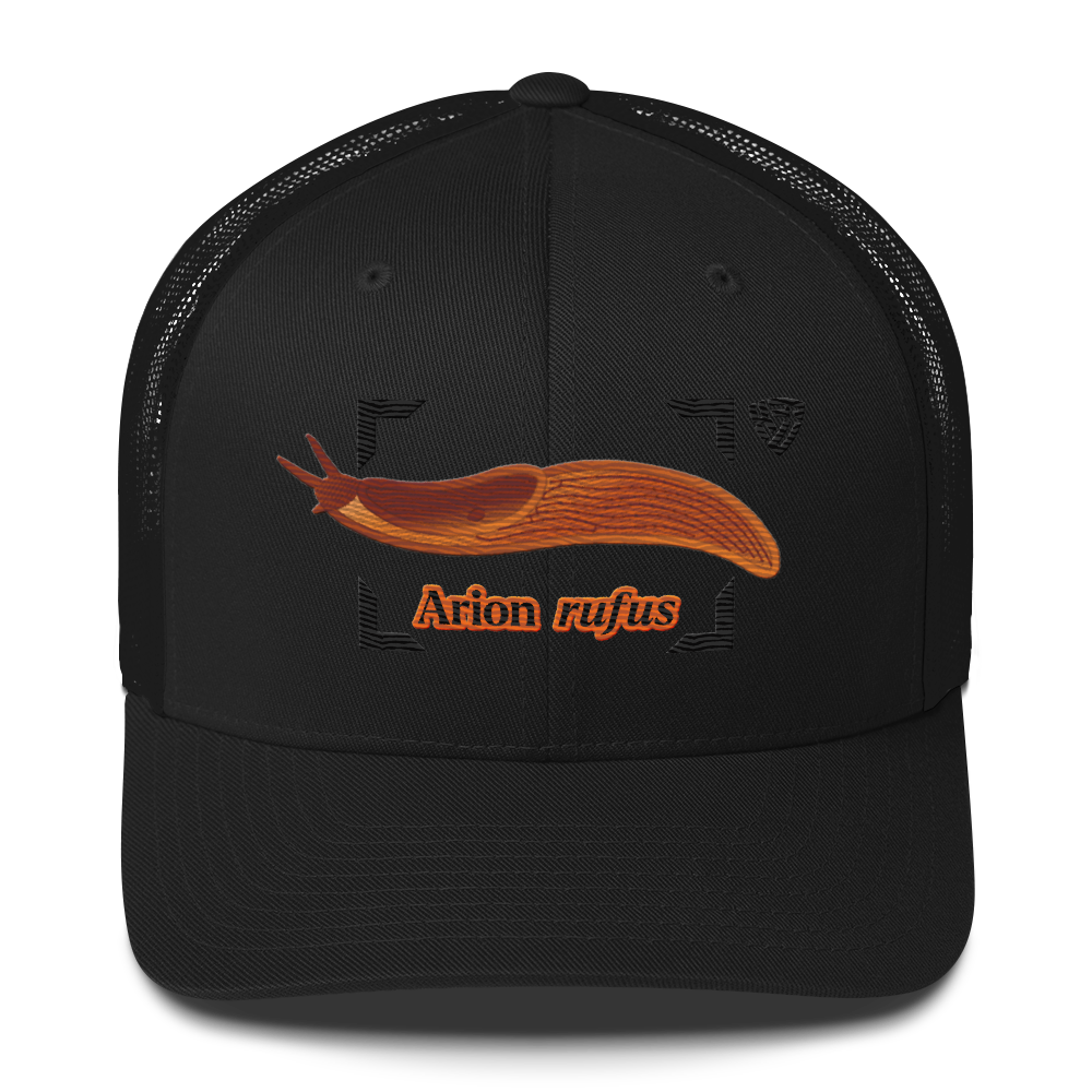 The Large Red Slug "Arion rufus" Embroidered Black Trucker Hat Front Mockup